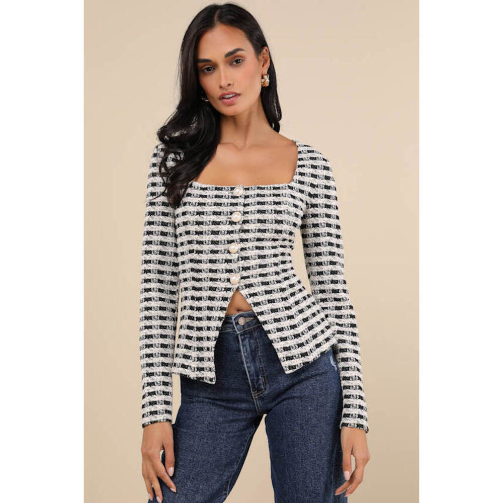 New, never worn - Black And Ivory Plaid Long Sleeve Top - Size S